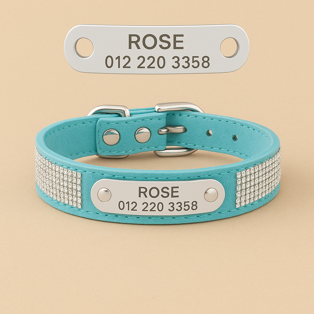TreuePfote™ Luxus-Halsband – Wildleder mit Strass, personalisiert für Hunde & Katzen