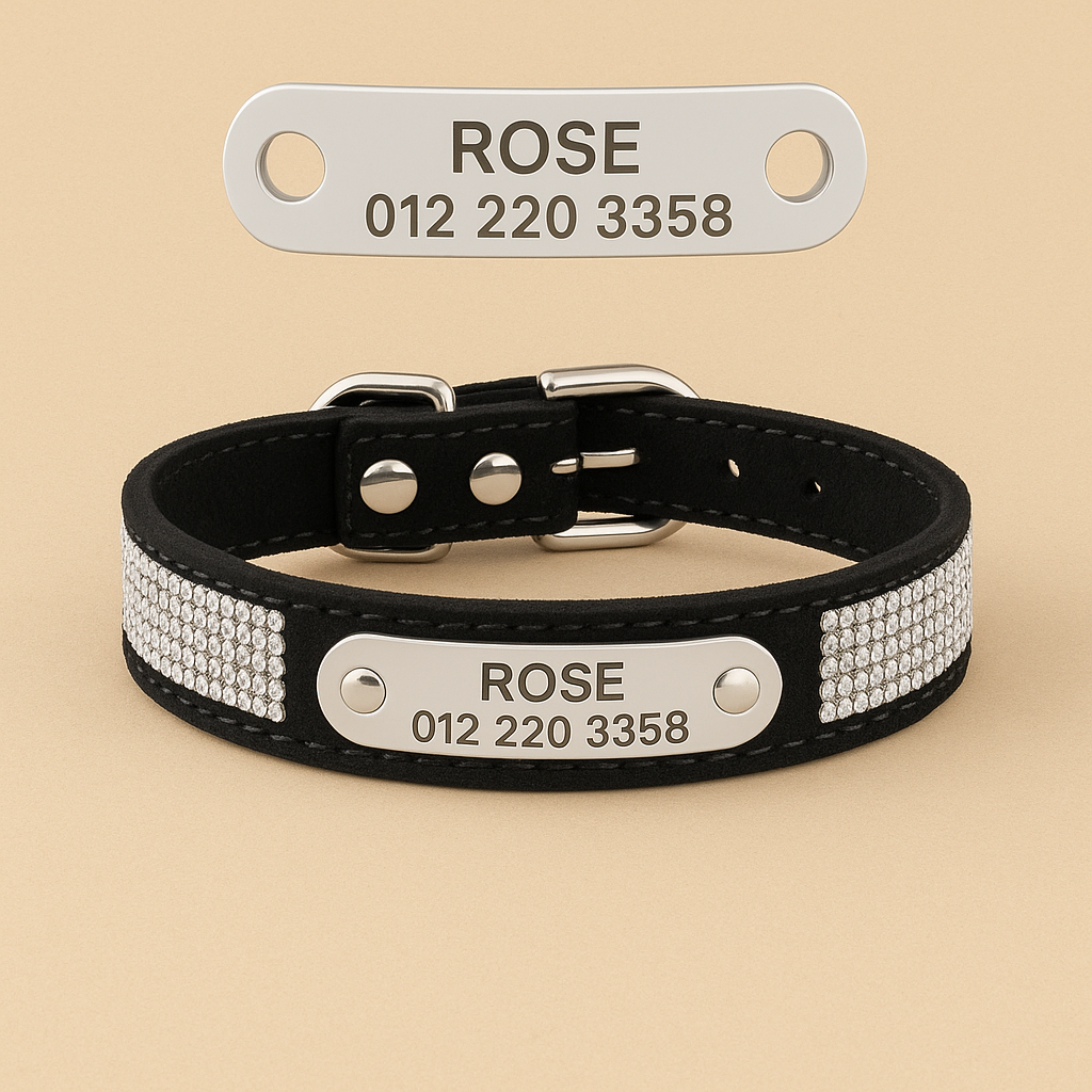 TreuePfote™ Luxus-Halsband – Wildleder mit Strass, personalisiert für Hunde & Katzen