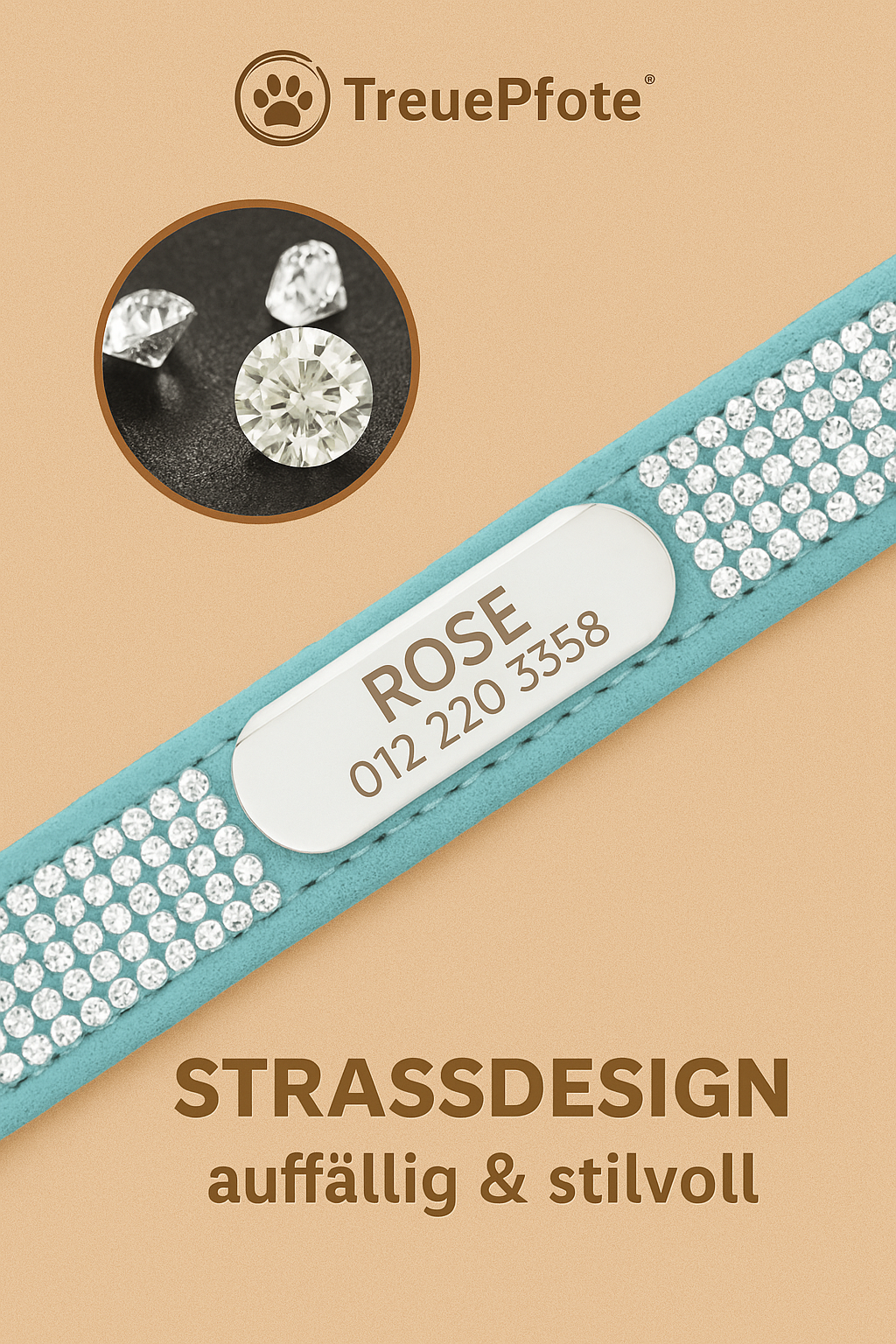 TreuePfote™ Luxus-Halsband – Wildleder mit Strass, personalisiert für Hunde & Katzen