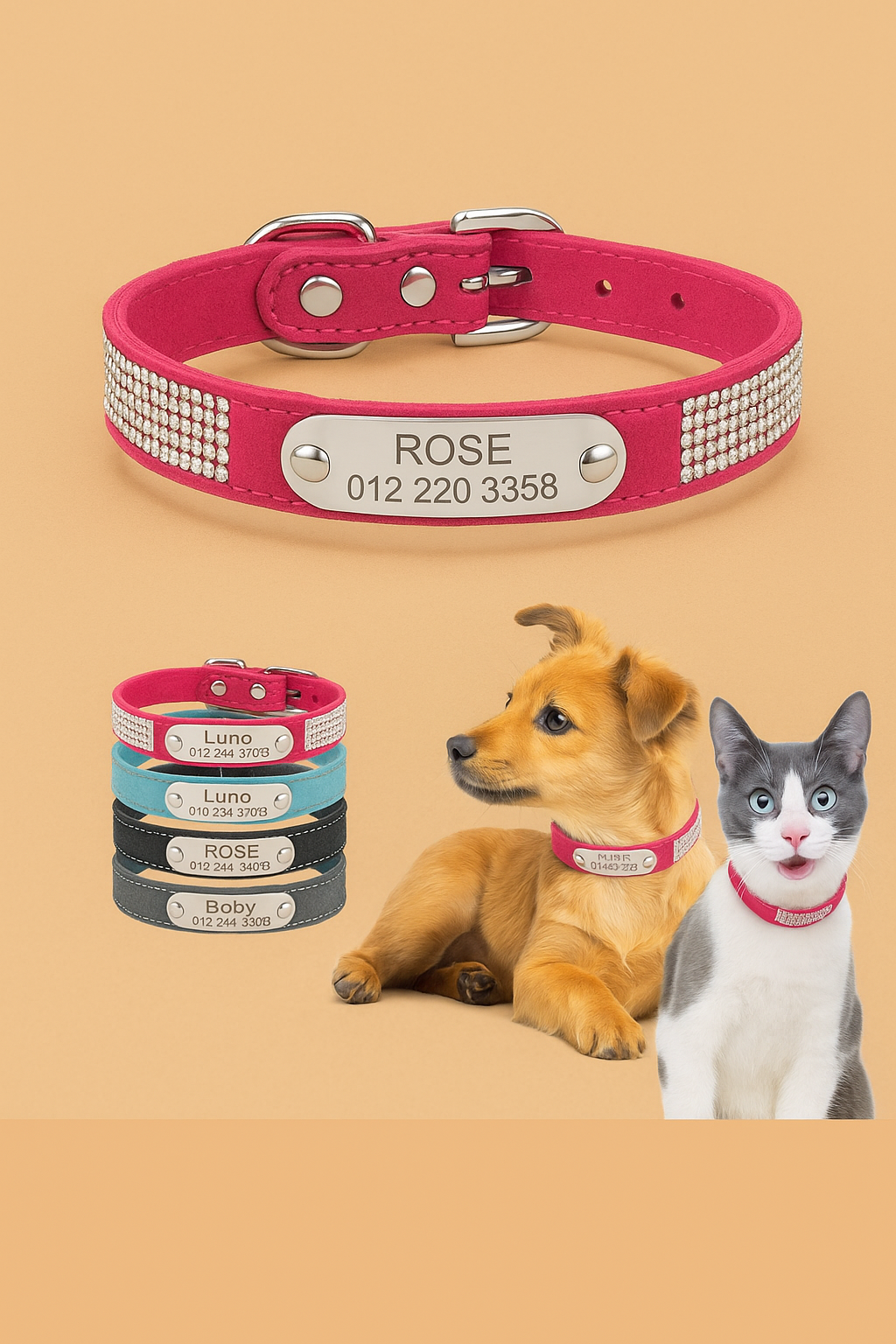 TreuePfote™ Luxus-Halsband – Wildleder mit Strass, personalisiert für Hunde & Katzen